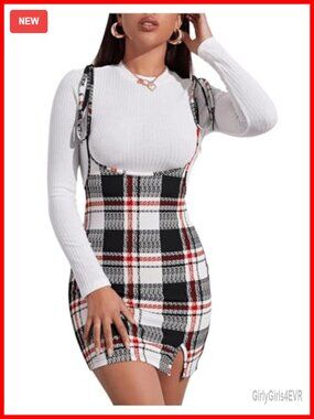 Plaid Suspender Mini Dress Tie Shoulder Split Hem Bodycon